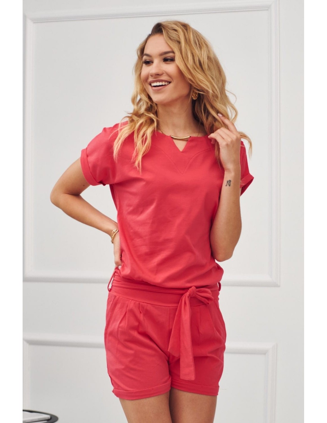 Women\'s jumpsuit with short legs, coral 4351 - Online store - Boutique